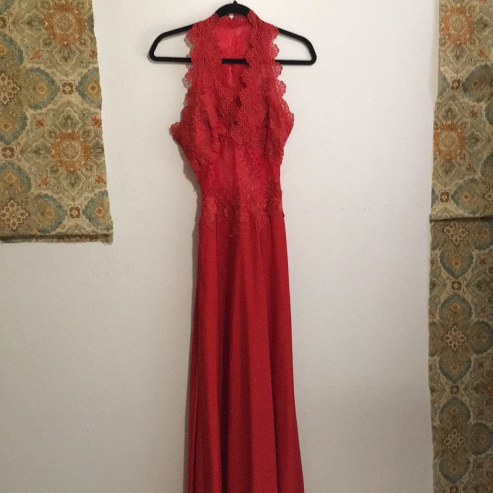 Red lace floor length dress